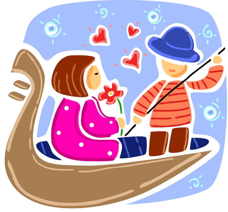 Vector Illustration of Romantic Couple in Love Take Ride in Venetian Gondola Boat in Venice Canal