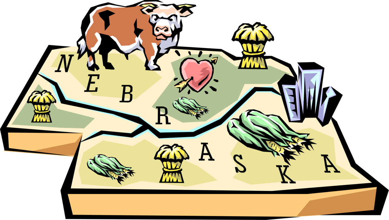 Vector Illustration of State of Nebraska Vignette Map with Tourism Infographic Icons, United States of America