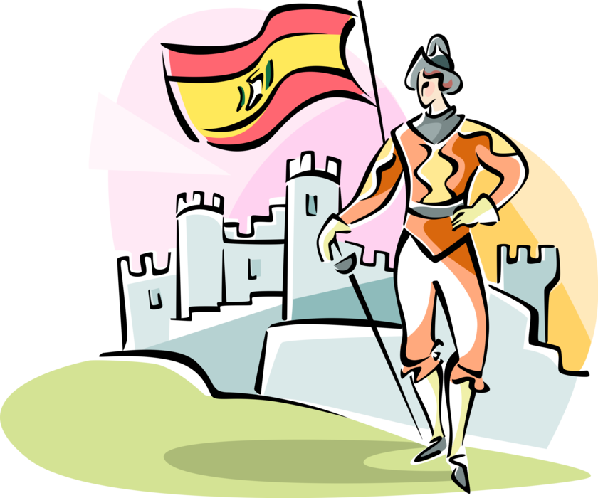Vector Illustration of Age of Discovery Spanish Conquistador with Sword and Castle