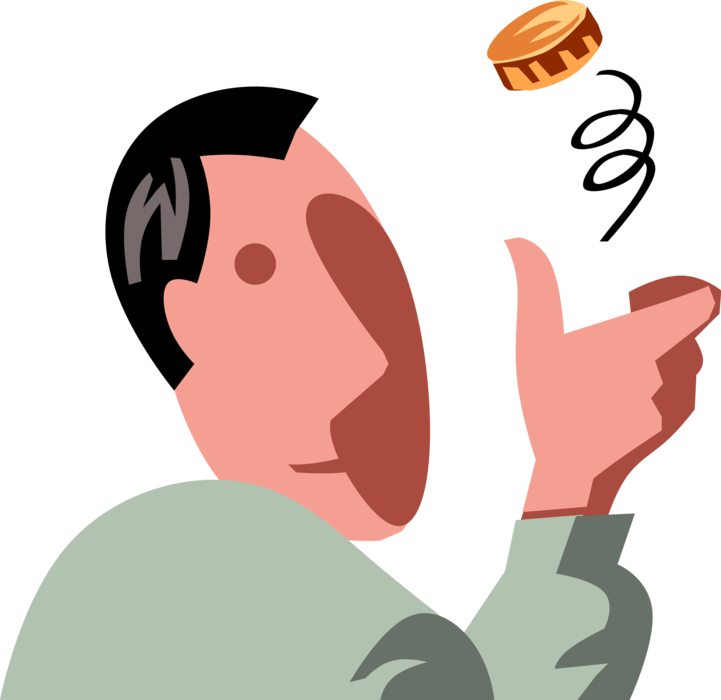 Vector Illustration of Businessman Makes Decision by Flipping Coin in the Air with Heads or Tails Coin Toss