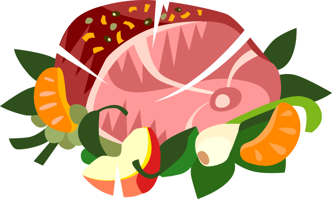 Vector Illustration of Baked Pork Ham Dinner with Citrus Orange and Apples