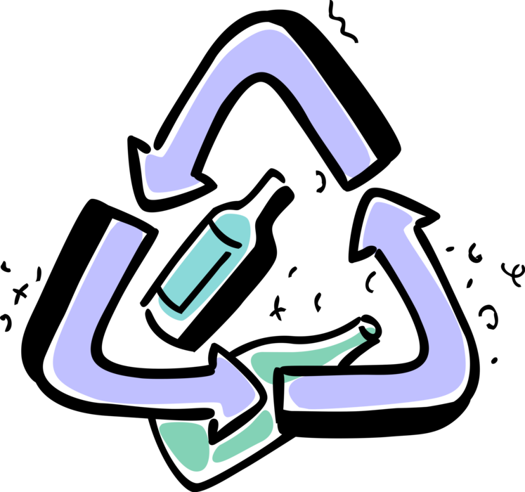 Vector Illustration of Recycling Glass Bottle Converts Waste into Reusable Objects with International Recycle Logo