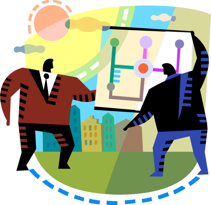 Vector Illustration of Businessmen Review and Discuss Company's Organizational Chart Diagram Illustrating Relationships 