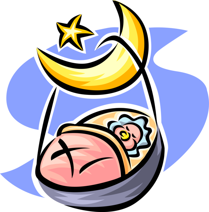 Vector Illustration of Sleeping Newborn Infant Baby in Cradle with Moon and Star
