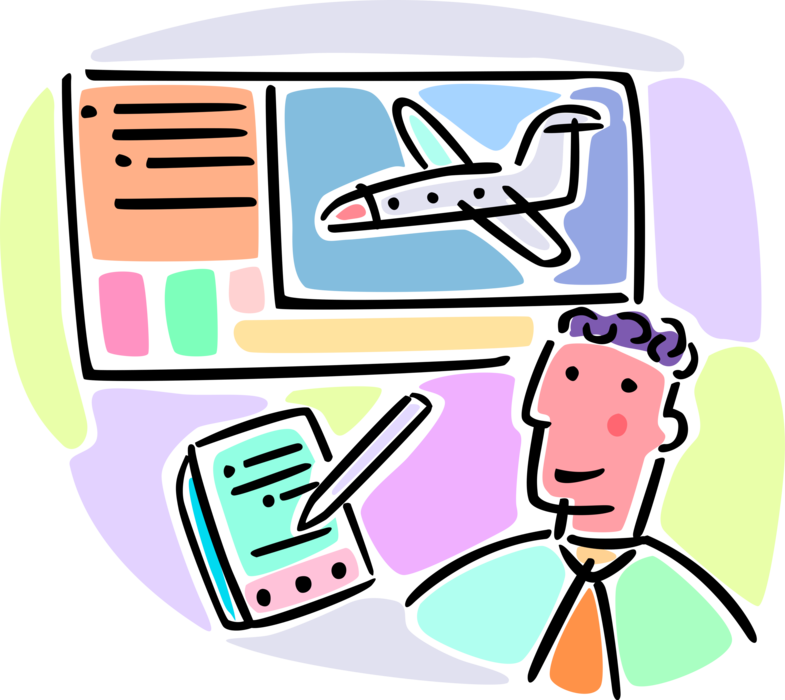 Vector Illustration of Business Traveler Books Airline Flight Reservations Online with Portable Computer Device