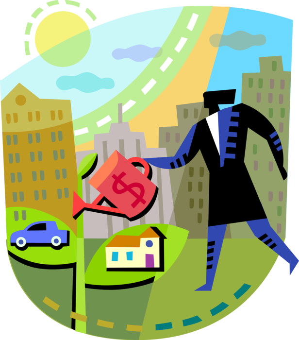 Vector Illustration of Businesswoman with Investment Watering Can Invests in Automobile Car and Family Home Residence