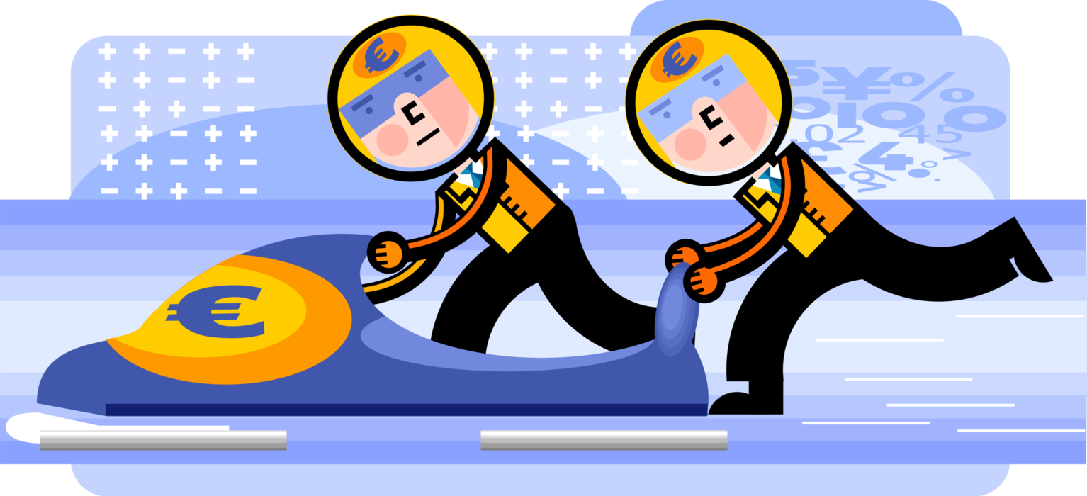 Vector Illustration of Businessmen Bobsledders Push Bobsleigh or Bobsled on Iced Track in Competitive Financial Euro Race