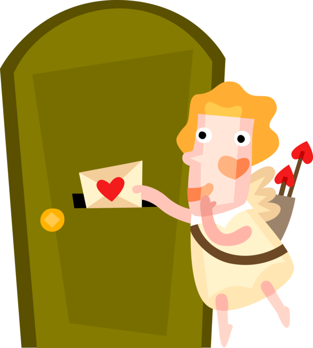 Vector Illustration of Cupid God of Desire and Erotic Love Delivers Love Letter with Romance Heart