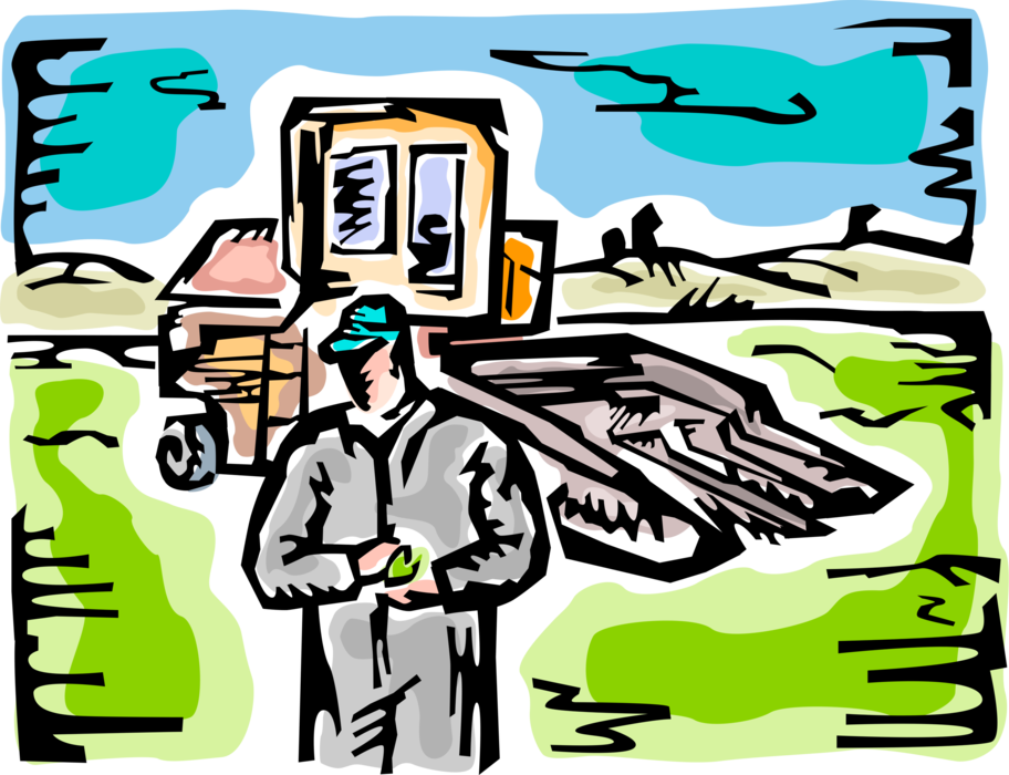 Vector Illustration of Farmer with Farming Equipment Tractor Harvester