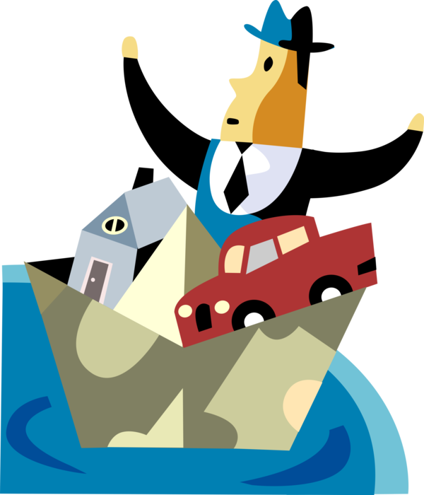 Vector Illustration of Unprepared Businessman Faces Misadventure and Calamity with Personal Possessions in Paper Toy Boat