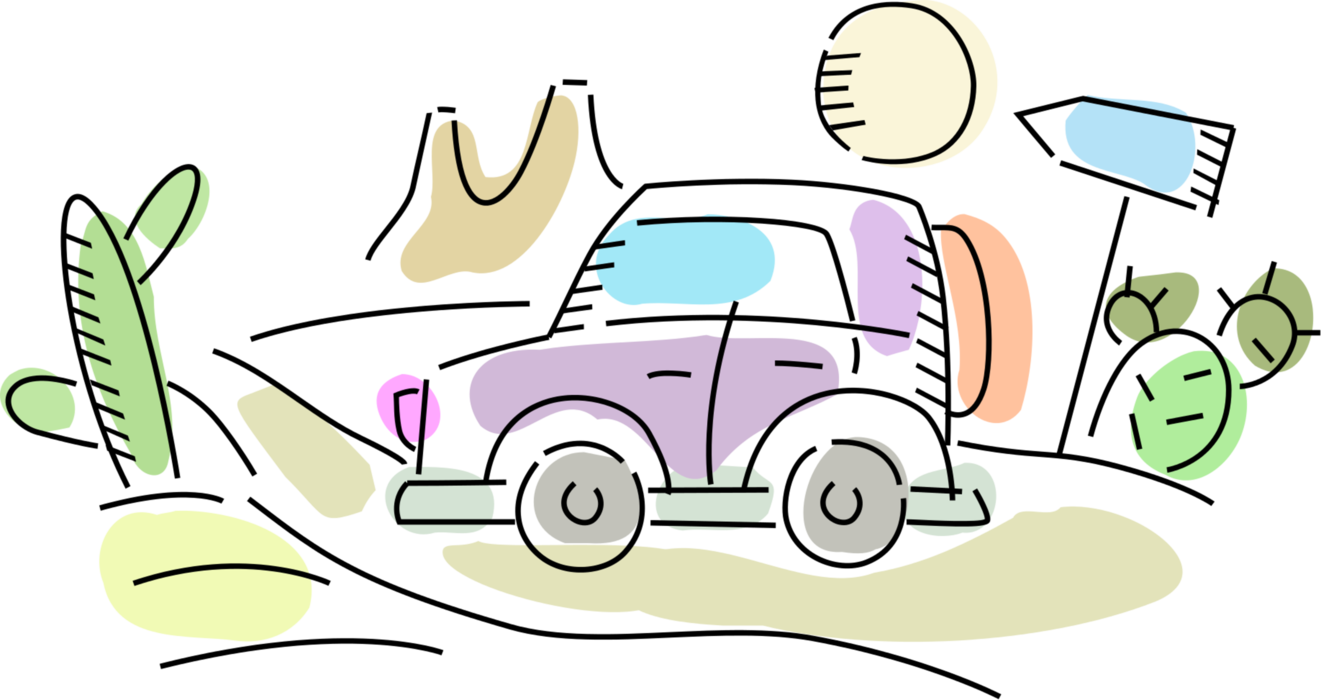 Vector Illustration of Holiday Vacation Travel Tourists Sightseeing in Automobile Motor Vehicle Car