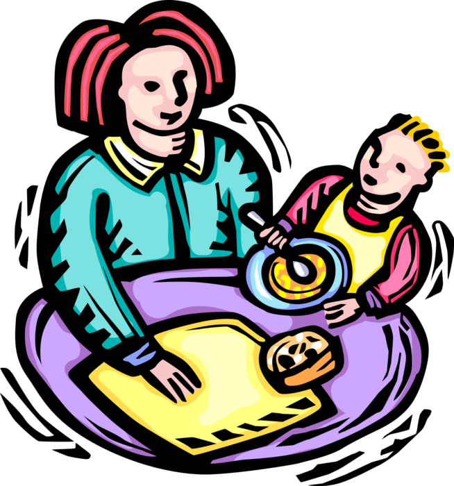 Vector Illustration of Mother Feeds Infant Child at Family Dinner Table