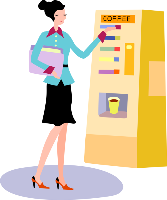Vector Illustration of Office Worker Buys Coffee from Vending Machine at Work
