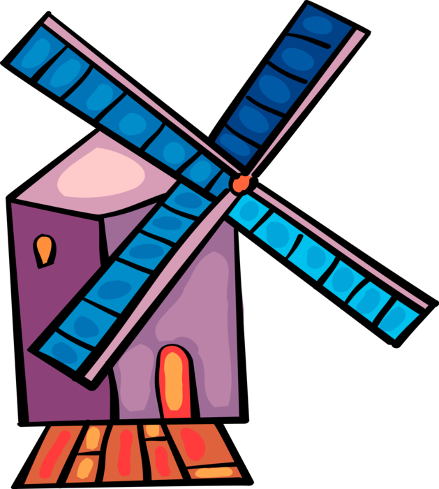 Vector Illustration of Dutch Windmill in The Netherlands, Holland used to Mill Grain, Pump Water