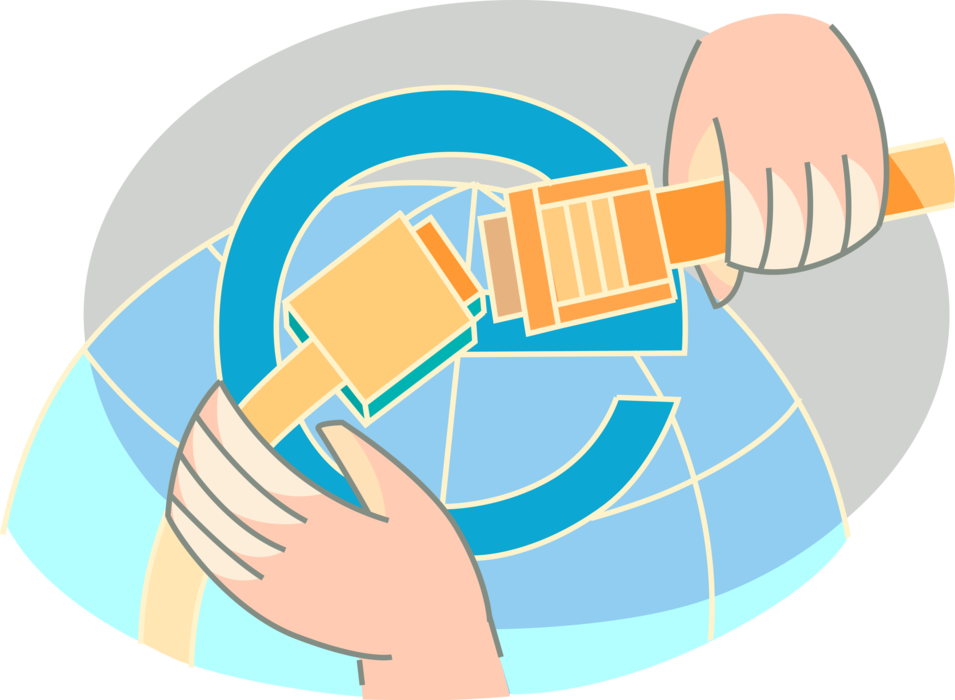 Vector Illustration of Hands Connect Computer Networking Cable Connectors to Enable World Wide Communications Network