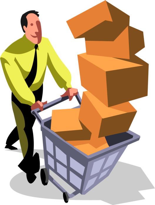Vector Illustration of Businessman Pushes Shopping Cart Full of Cardboard Boxes