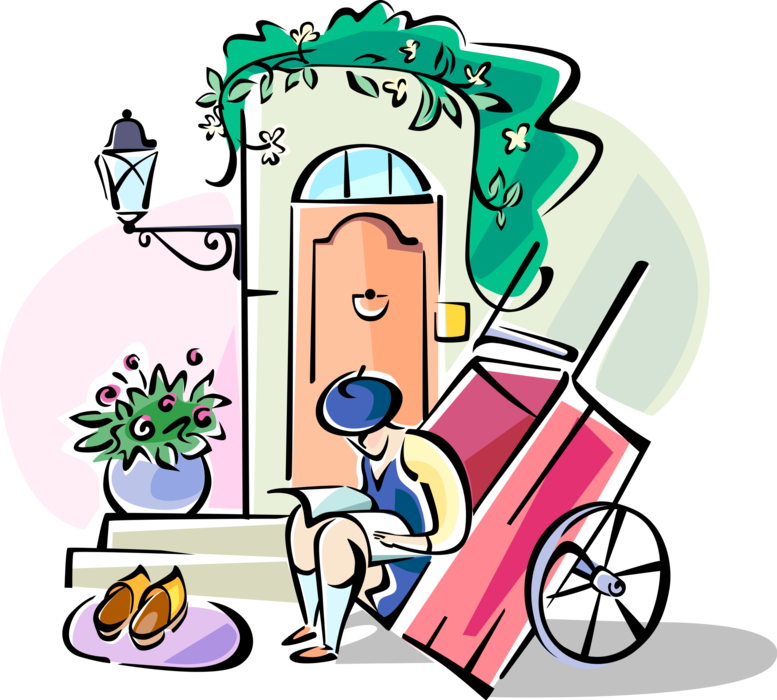 Vector Illustration of French Boy Reads with Push Cart and House Entrance Door