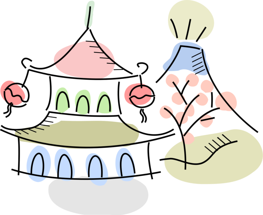 Vector Illustration of Japanese Pagoda Temple with Cherry Blossoms and Volcano Mountain