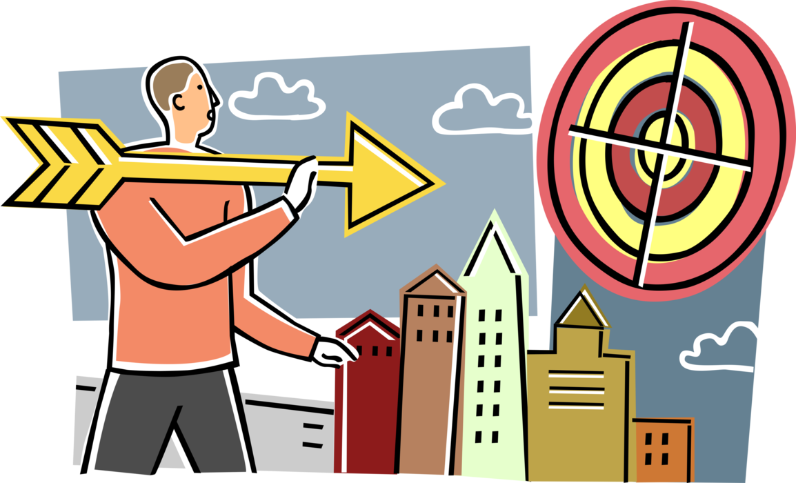 Vector Illustration of Businessman Aims Arrow at Target Bullseye or Bull's-Eye to Achieve Corporate Goals