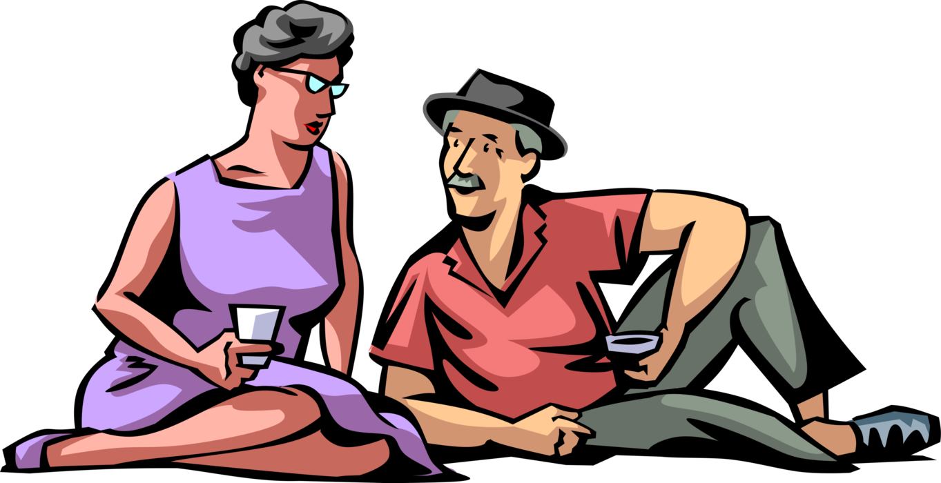 Vector Illustration of Retired Elderly Senior Citizen Couple Enjoy Coffee Talk Conversation in Park