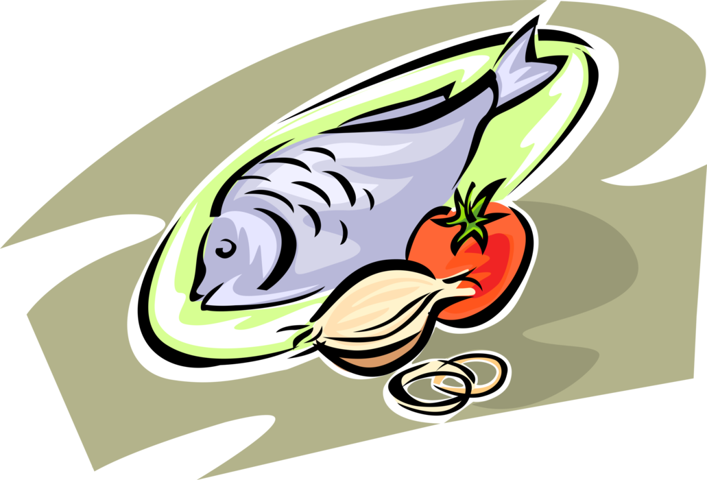 Vector Illustration of Baked Fish Dinner on Plate with Onion and Tomato