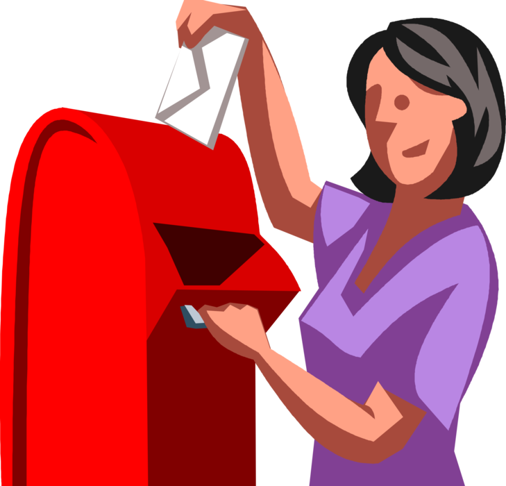 Vector Illustration of Businesswoman Drops Off Letter Mail Envelopes in Letter Box or Mailbox Receptacle