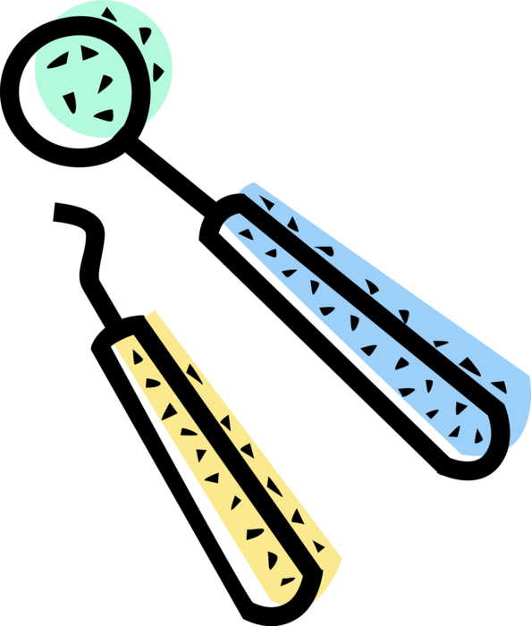 Vector Illustration of Dentist Office Dentistry Dental Mirror, Dental Pick Instrument Tools