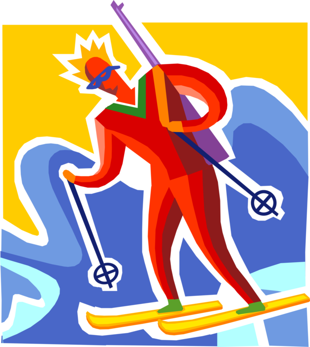 Vector Illustration of Biathlon Winter Sport Combines Cross-Country Skiing and Rifle Shooting at Target