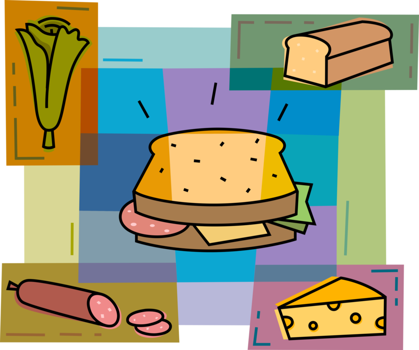 Vector Illustration of Lunch Sandwich with Bread, Cheese, Lettuce and Salami