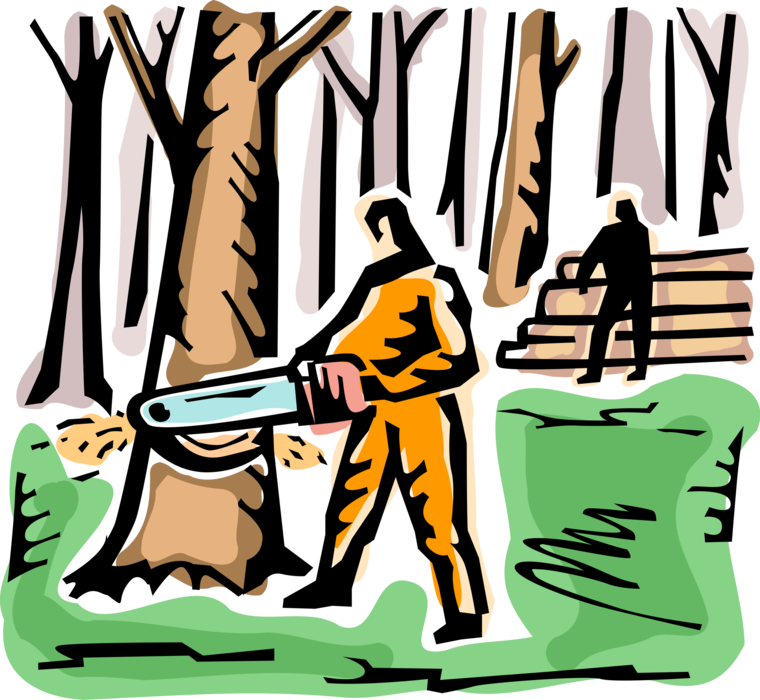 Vector Illustration of Forestry Industry Lumberjacks Cut and Harvest Trees in Forest Logging Operation with Chainsaws