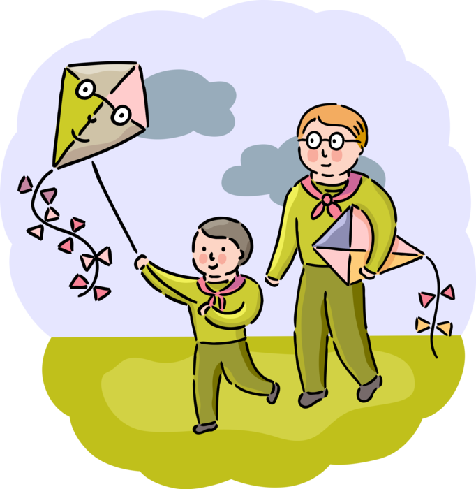 Vector Illustration of Scout Leader Father and Boy Scout Son Fly Kites Together Outdoors