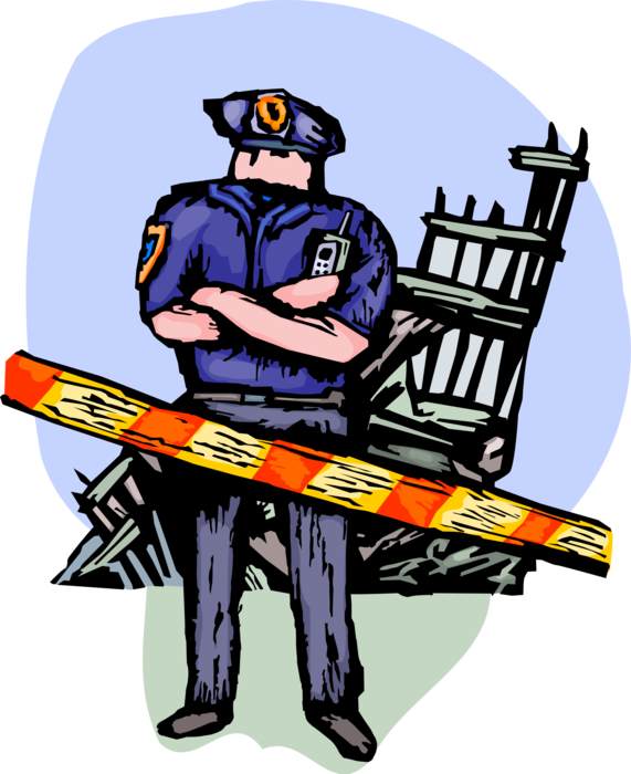 Vector Illustration of Law Enforcement Police Officer Guards Debris Pile at World Trade Center Ground Zero