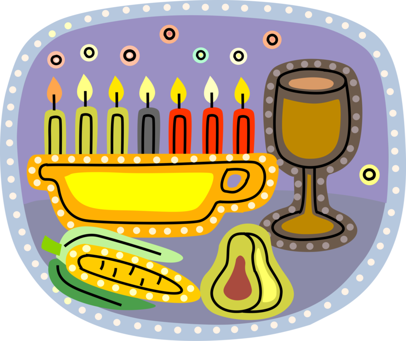 Vector Illustration of Traditional African Kinara Candle Holder of Kwanzaa with Corn Maize Husk, Fruit Pear, Wine Goblet