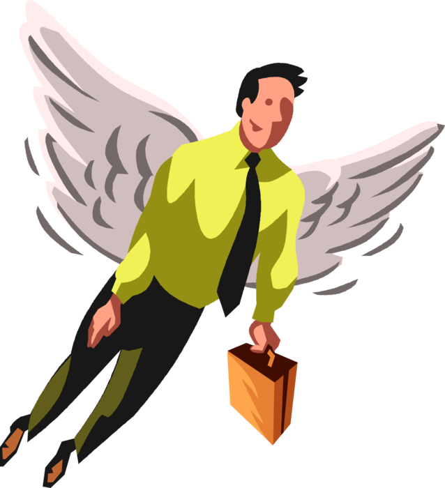 Vector Illustration of Businessman Spiritual Angel with Wings Takes Flight with Briefcase