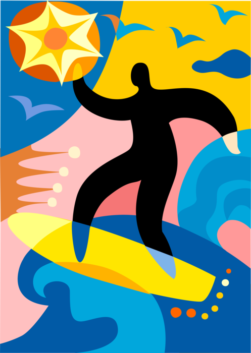 Vector Illustration of Surfer on Surfboard Rides Ocean Wave in Summer