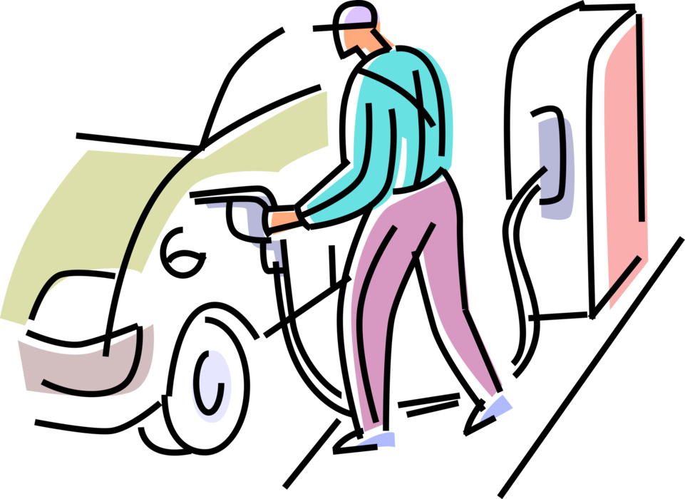 Vector Illustration of Gas Station Attendant Fills Automobile Car with Fossil Fuel Gasoline Petroleum