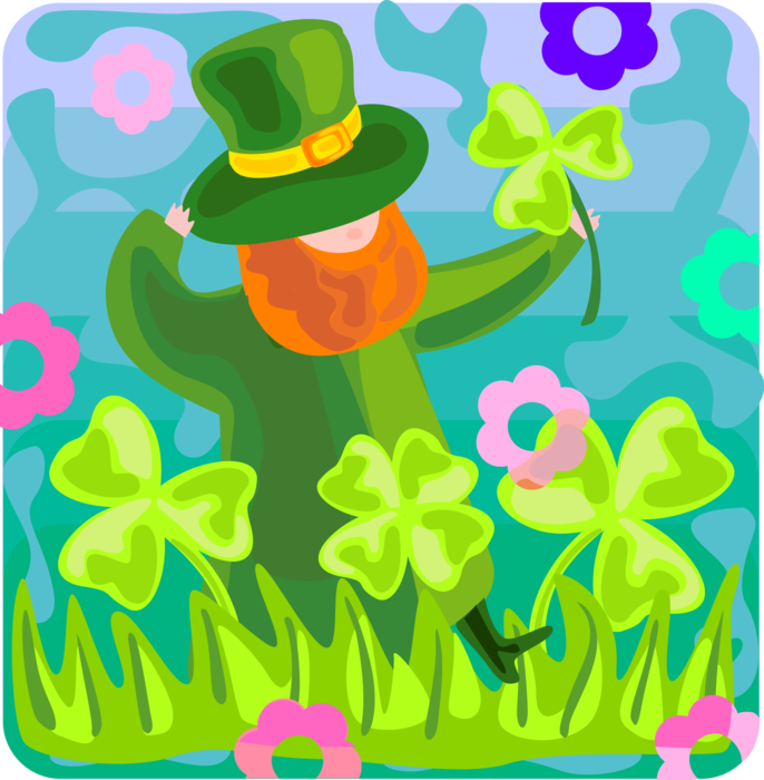 Vector Illustration of St Patrick's Day Irish Leprechaun Picks Four-Leaf Clover Lucky Shamrocks