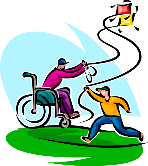 Vector Illustration of Father in Handicapped or Disabled Wheelchair Flying Kite Outdoors with Son