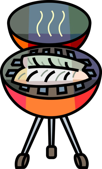 Vector Illustration of Marine Aquatic Fish Fillet Grilling on Barbecue, Barbeque or BBQ Outdoor Cooking Grill 