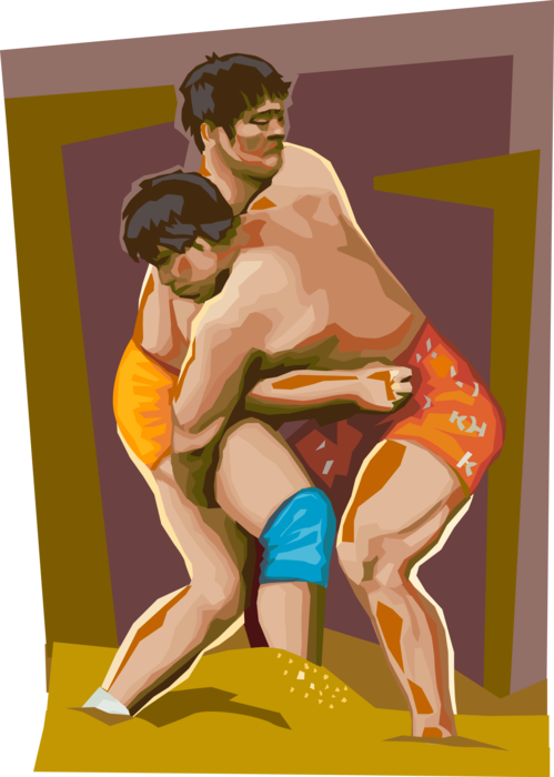 Vector Illustration of South Korean Tano Festival Ssirum Wrestlers Wrestling