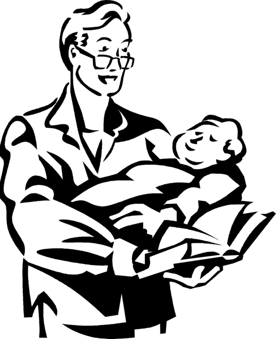 Vector Illustration of Father Reads Book Holding Newborn Infant Baby