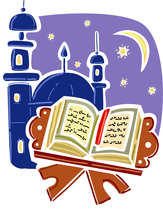 Vector Illustration of Islamic Muslim Koran or Quran and Synagogue Religious Text of Islam Revealed by God to Muhammad
