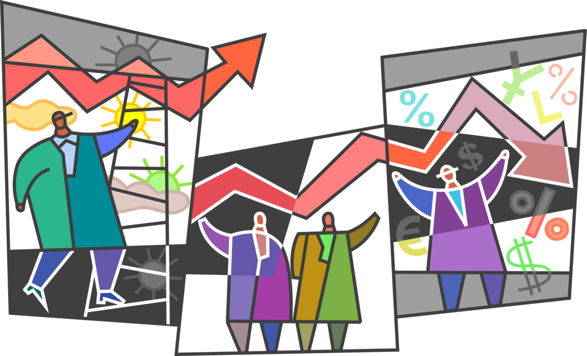 Vector Illustration of Climbing Corporate Ladders to Success with Business Chart Growth Arrows