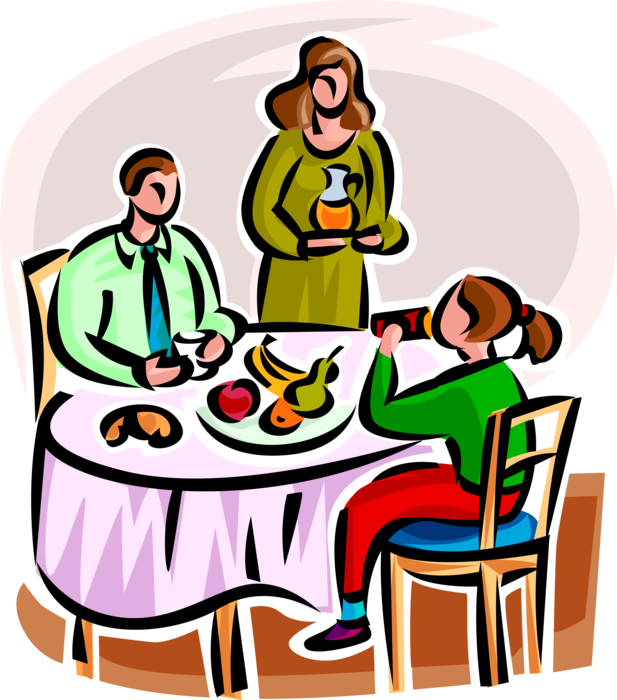 Vector Illustration of Family Dinner Together at Dinner Table in Home