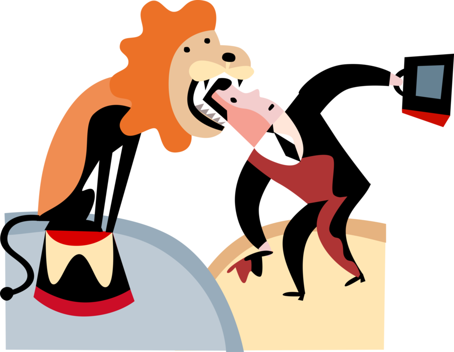 Vector Illustration of Businessman Circus Lion Tamer Ignores Peril and Danger with Head in Lion's Mouth