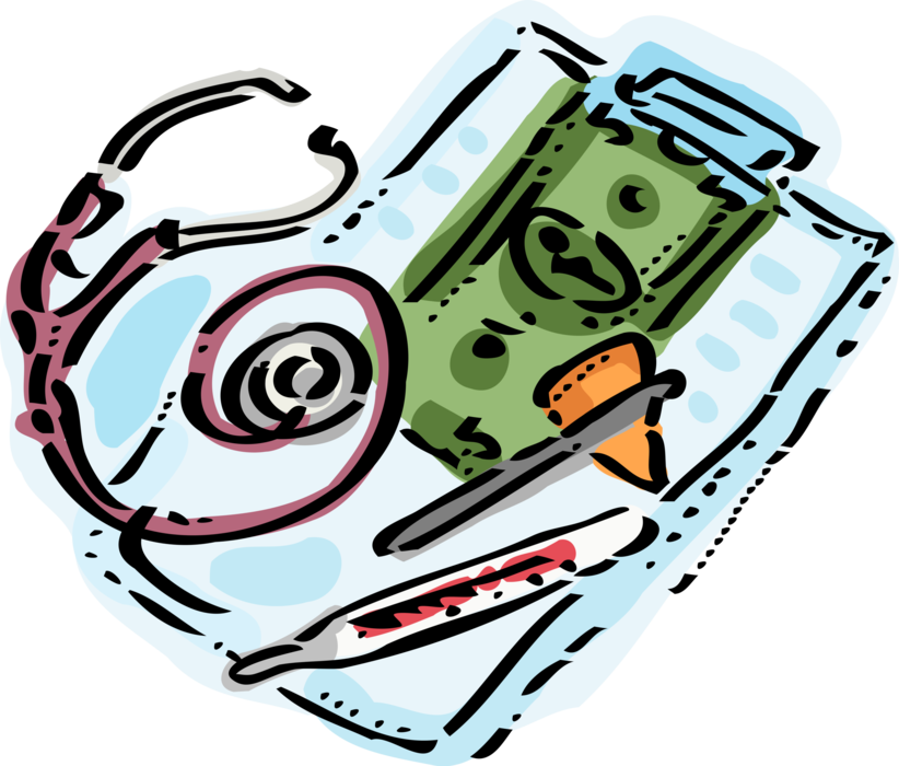 Vector Illustration of Health Care Costs with Medical Clipboard Portable Writing Surface, Cash Money Dollar, Stethoscope, and Thermometer