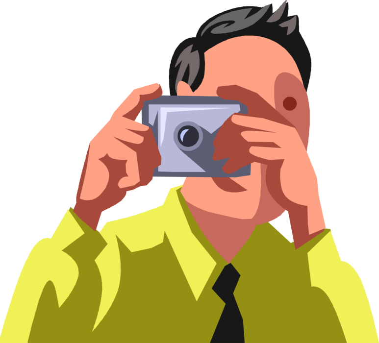 Vector Illustration of Businessman Photographer Takes Photo with Photography Camera