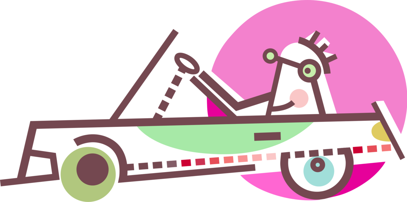 Vector Illustration of Motorist Driving Convertible Automobile Motor Vehicle Car