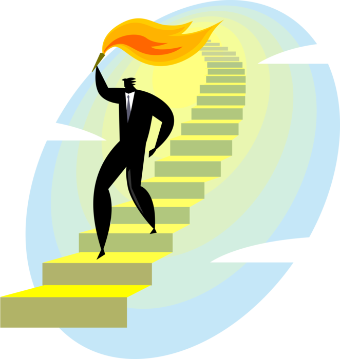 Vector Illustration of Businessman Carries Olympic Torch Flame on Stairway Stairs