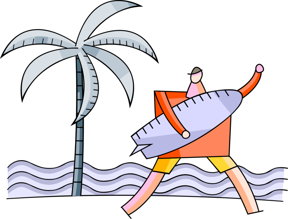 Vector Illustration of California Surfer Dude Goes Surfing with Surfboard at Beach with Palm Tree and Ocean Waves